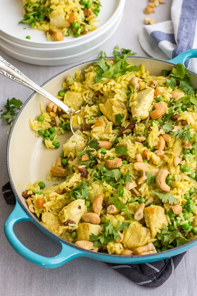 Easy spiced cashew chicken and rice - a quick, delicious one-pot weeknight dinner with curry, cilantro, and fresh ginger.