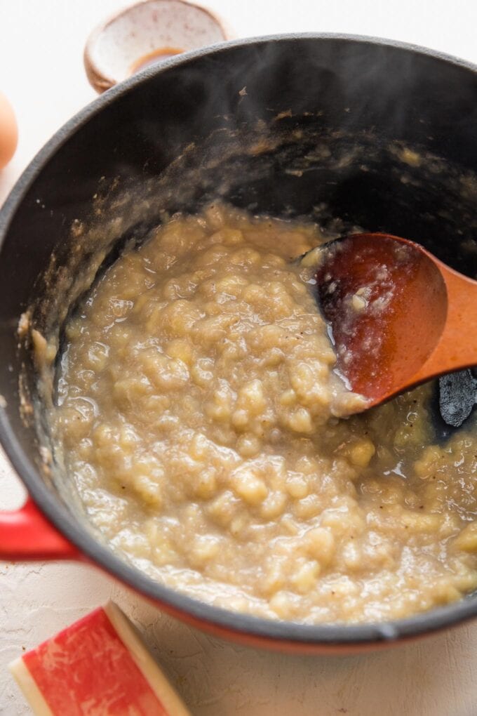 Bananas mashed in a pot and simmered to concentrate the flavor.