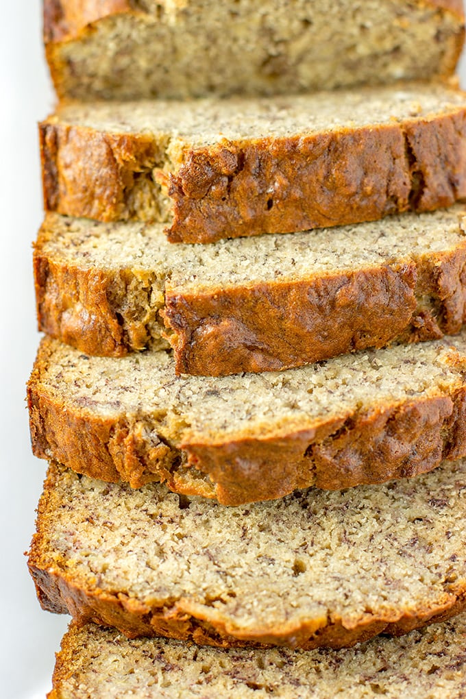 Five banana banana bread | Moist, tender banana bread packed with the dense flavor of 5 bananas in one loaf. An instant family favorite!