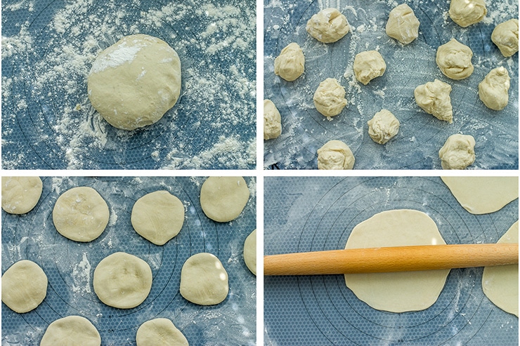 Step-by-step photos of shaping and rolling out homemade flour tortillas.