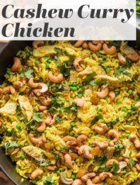 Long among our favorite one pot meals, this quick and easy Curry Cashew Chicken and Rice has tender bites of chicken, crunchy cashews, ginger- and curry-spiced rice, cilantro, and peas all wrapped up in one dish. I love that it's ready in about 30 minutes, most of it hands-off!