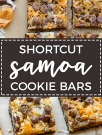 Shortcut Samoa cookie bars | Chocolate chips, caramel sauce, coconut, and an Oreo crust make an easy at-home version of the classic Girl Scout cookie.