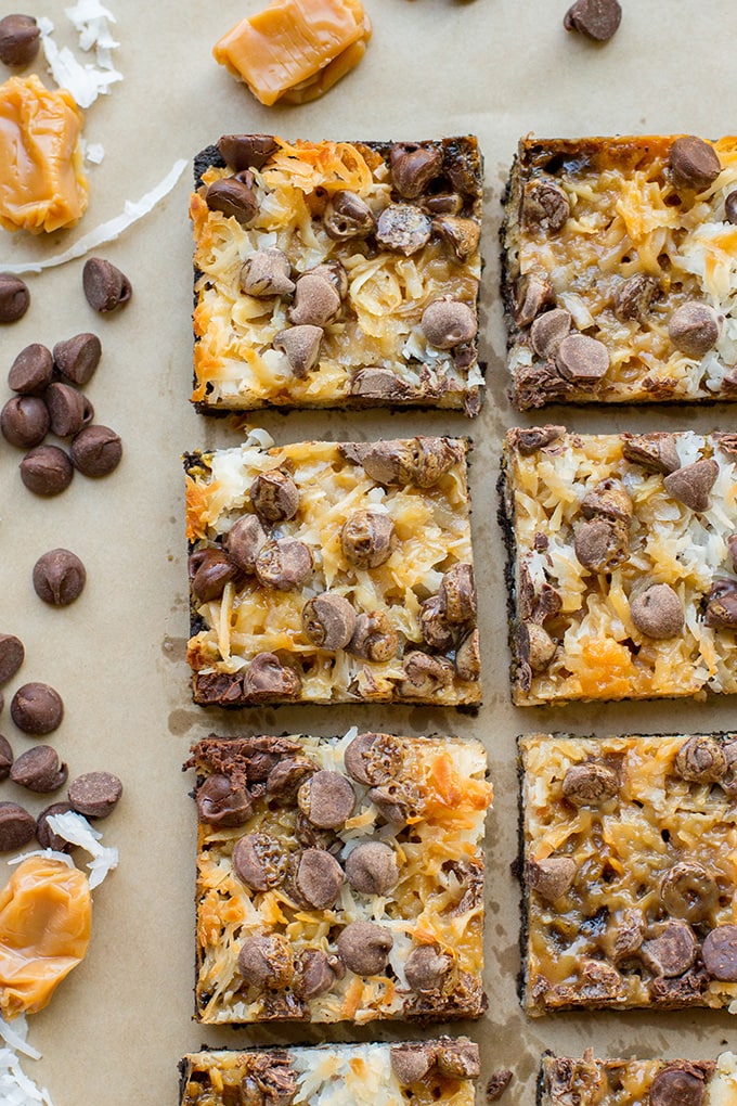 Shortcut Samoa cookie bars | Chocolate chips, caramel sauce, coconut, and an Oreo crust make an easy at-home version of the classic Girl Scout cookie.