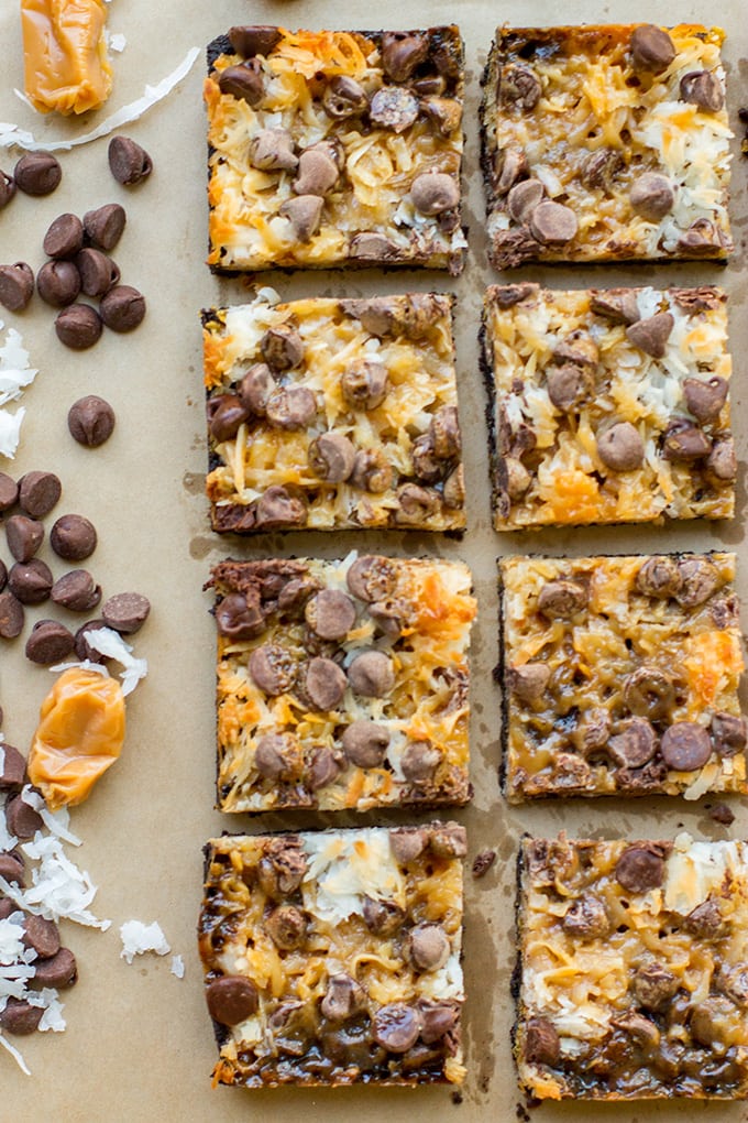 Shortcut Samoa cookie bars | Chocolate chips, caramel sauce, coconut, and an Oreo crust make an easy at-home version of the classic Girl Scout cookie.