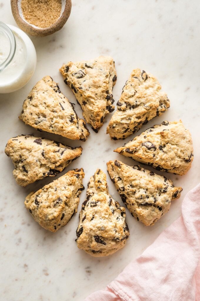 Small chocolate chip scones arranged in a circle.