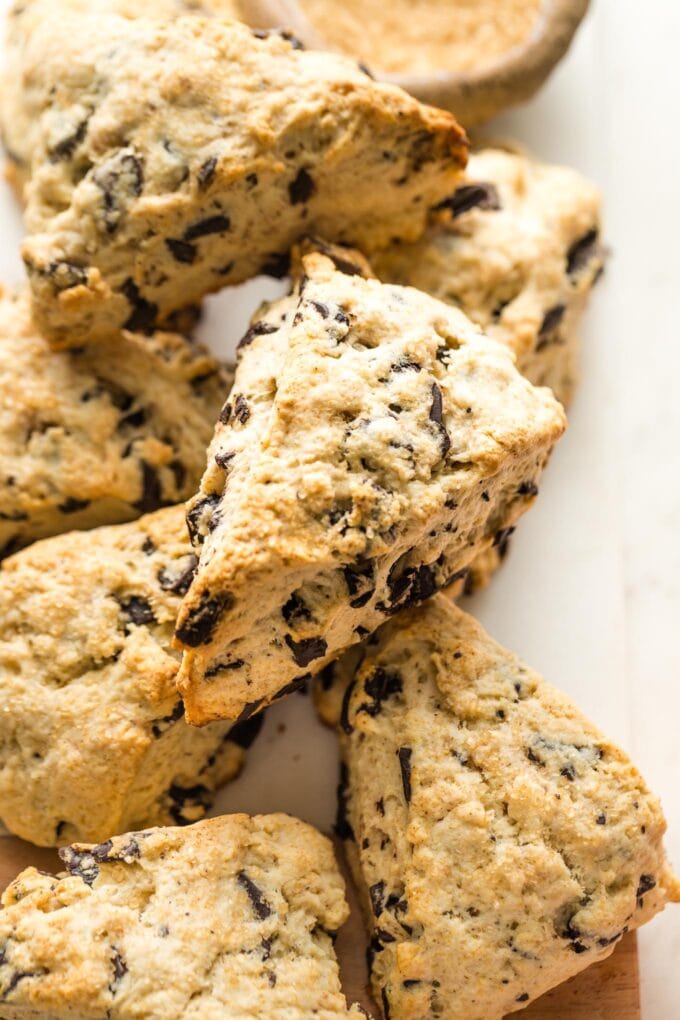 Chocolate chip scones piled on top of each other.