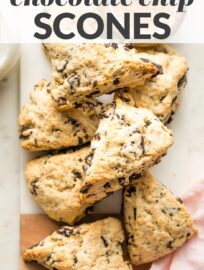 These chocolate chip scones melt in your mouth! Tender and moist on the inside, with delightfully crumbly edges. Best of all, they are super simple -- no grating butter or complicated shaping -- and can be ready to bake in about 10 minutes.