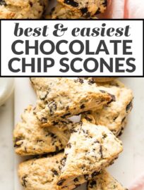 These chocolate chip scones melt in your mouth! Tender and moist on the inside, with delightfully crumbly edges. Best of all, they are super simple -- no grating butter or complicated shaping -- and can be ready to bake in about 10 minutes.