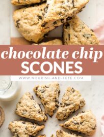 These chocolate chip scones melt in your mouth! Tender and moist on the inside, with delightfully crumbly edges. Best of all, they are super simple -- no grating butter or complicated shaping -- and can be ready to bake in about 10 minutes.