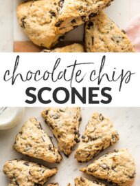 These chocolate chip scones melt in your mouth! Tender and moist on the inside, with delightfully crumbly edges. Best of all, they are super simple -- no grating butter or complicated shaping -- and can be ready to bake in about 10 minutes.