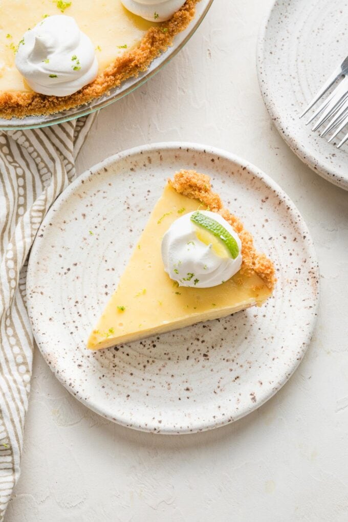 Overhead image of a slice of key lime pie.