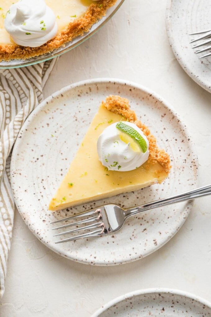 Overhead image of a slice of key lime pie.