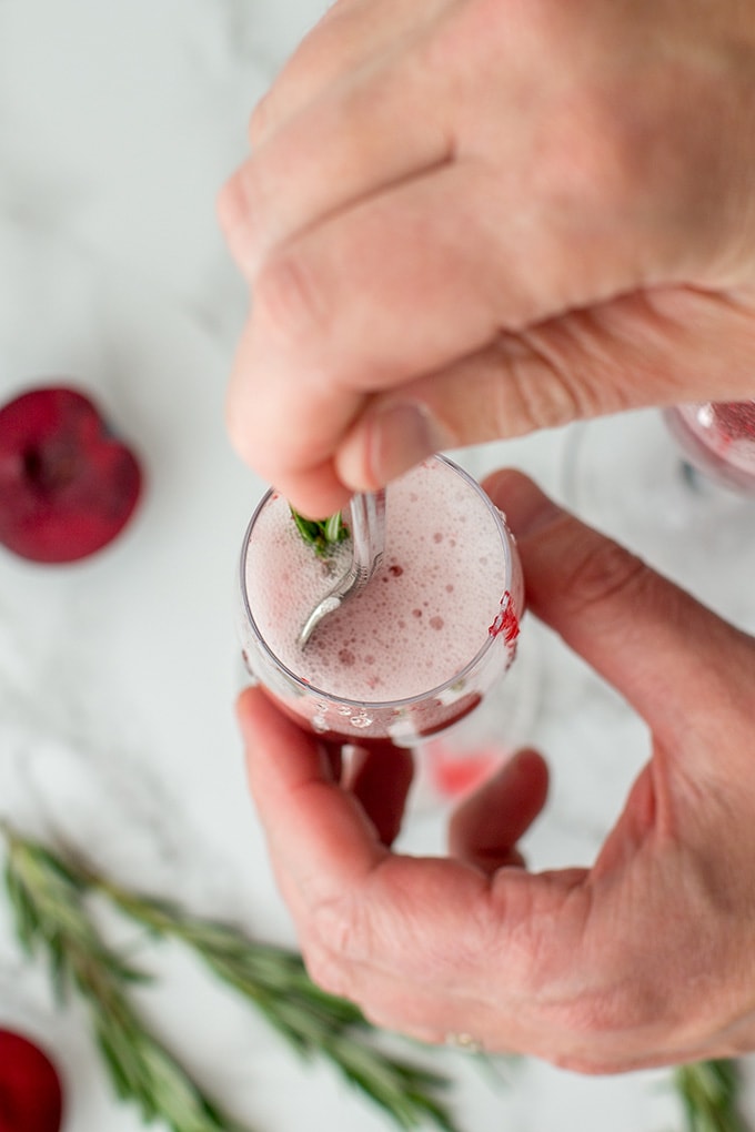 Rosemary plum bellini | A festive, fruit spin on the classic sparkling cocktail with champagne or prosecco. A perfect late summer or holiday drink!