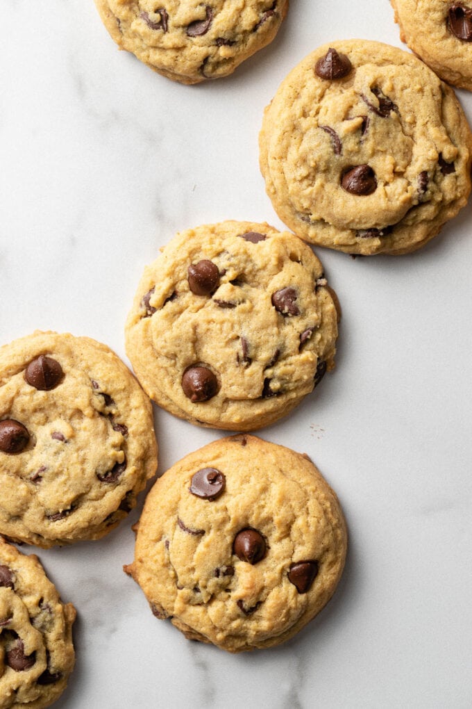 Batch of chocolate chip cookies cooling.