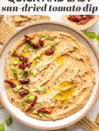 This creamy and delicious Sun-Dried Tomato Dip takes less than 10 minutes to make! Serve it with veggies, crackers, or bread for the perfect crowd-pleasing appetizer.