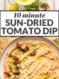 This creamy and delicious Sun-Dried Tomato Dip takes less than 10 minutes to make! Serve it with veggies, crackers, or bread for the perfect crowd-pleasing appetizer.