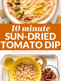 This creamy and delicious Sun-Dried Tomato Dip takes less than 10 minutes to make! Serve it with veggies, crackers, or bread for the perfect crowd-pleasing appetizer.