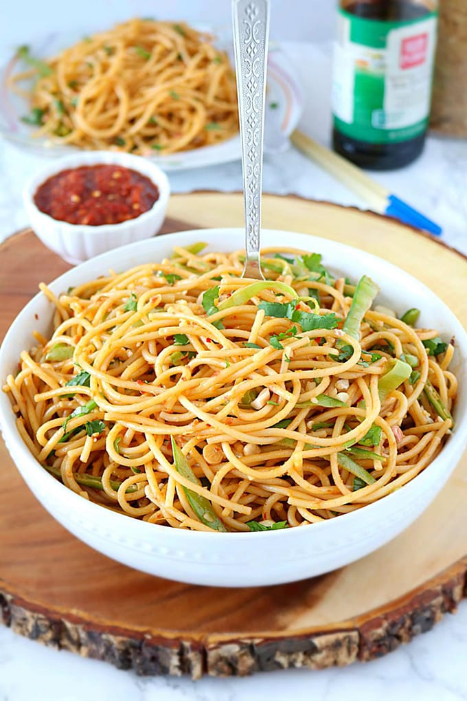 Vegan spicy peanut noodles - ruchiskitchen.com