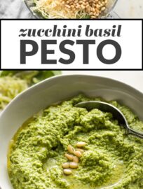 A simple recipe transforms excess zucchini into a healthy zucchini basil pesto with spinach, Parmesan, garlic, and pine nuts. Mix with pasta, add to chicken, or use anywhere you love regular pesto!
