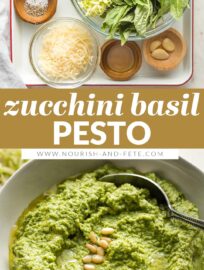 A simple recipe transforms excess zucchini into a healthy zucchini basil pesto with spinach, Parmesan, garlic, and pine nuts. Mix with pasta, add to chicken, or use anywhere you love regular pesto!