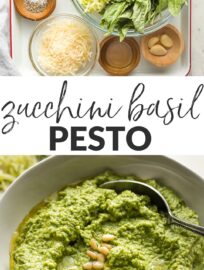 A simple recipe transforms excess zucchini into a healthy zucchini basil pesto with spinach, Parmesan, garlic, and pine nuts. Mix with pasta, add to chicken, or use anywhere you love regular pesto!