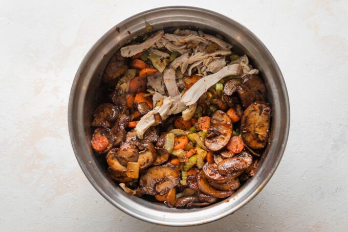 Bowl full of shredded chicken, carrots, onion, celery, and mushrooms.