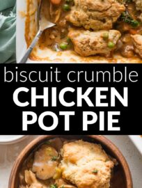 This Biscuit Crumble Chicken Pot Pie is truly an ultimate comfort food meal. It's got a rich, filling interior of tender chicken and a vegetable medley encased in a creamy roux, and is topped with homemade Parmesan biscuit crumbles.