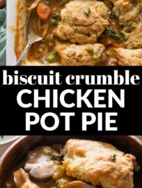 This Biscuit Crumble Chicken Pot Pie is truly an ultimate comfort food meal. It's got a rich, filling interior of tender chicken and a vegetable medley encased in a creamy roux, and is topped with homemade Parmesan biscuit crumbles.