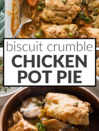 This Biscuit Crumble Chicken Pot Pie is truly an ultimate comfort food meal. It's got a rich, filling interior of tender chicken and a vegetable medley encased in a creamy roux, and is topped with homemade Parmesan biscuit crumbles.