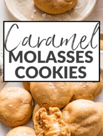 Brown sugar caramel molasses cookies are a classic taken to the next level, thanks to browned butter and a soft, chewy caramel baked right into the center of each one. Sprinkle with sea salt, pour a tall glass of milk, and enjoy!