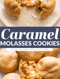 Brown sugar caramel molasses cookies are a classic taken to the next level, thanks to browned butter and a soft, chewy caramel baked right into the center of each one. Sprinkle with sea salt, pour a tall glass of milk, and enjoy!