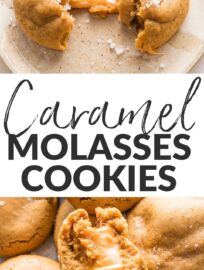 Brown sugar caramel molasses cookies are a classic taken to the next level, thanks to browned butter and a soft, chewy caramel baked right into the center of each one. Sprinkle with sea salt, pour a tall glass of milk, and enjoy!