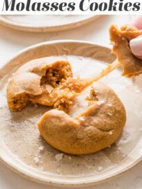 Brown sugar caramel molasses cookies are a classic taken to the next level, thanks to browned butter and a soft, chewy caramel baked right into the center of each one. Sprinkle with sea salt, pour a tall glass of milk, and enjoy!