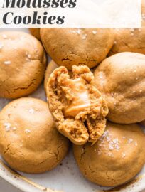 Brown sugar caramel molasses cookies are a classic taken to the next level, thanks to browned butter and a soft, chewy caramel baked right into the center of each one. Sprinkle with sea salt, pour a tall glass of milk, and enjoy!