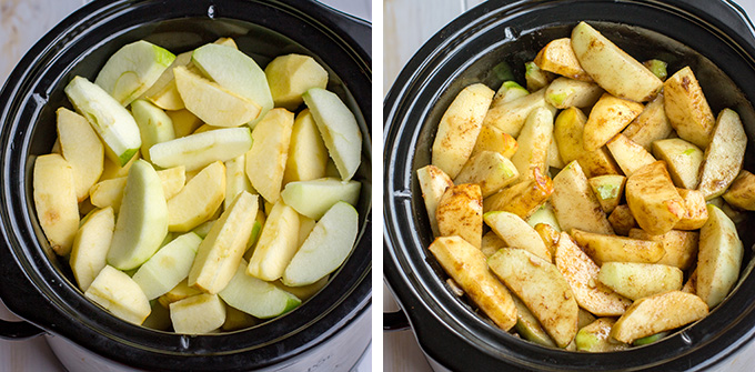 Crockpot apple butter sweetened with honey | Fall baking starts with this amazing homemade apple butter, made in the slow cooker, sweetened with honey. #applebutter #fallbaking #crockpot