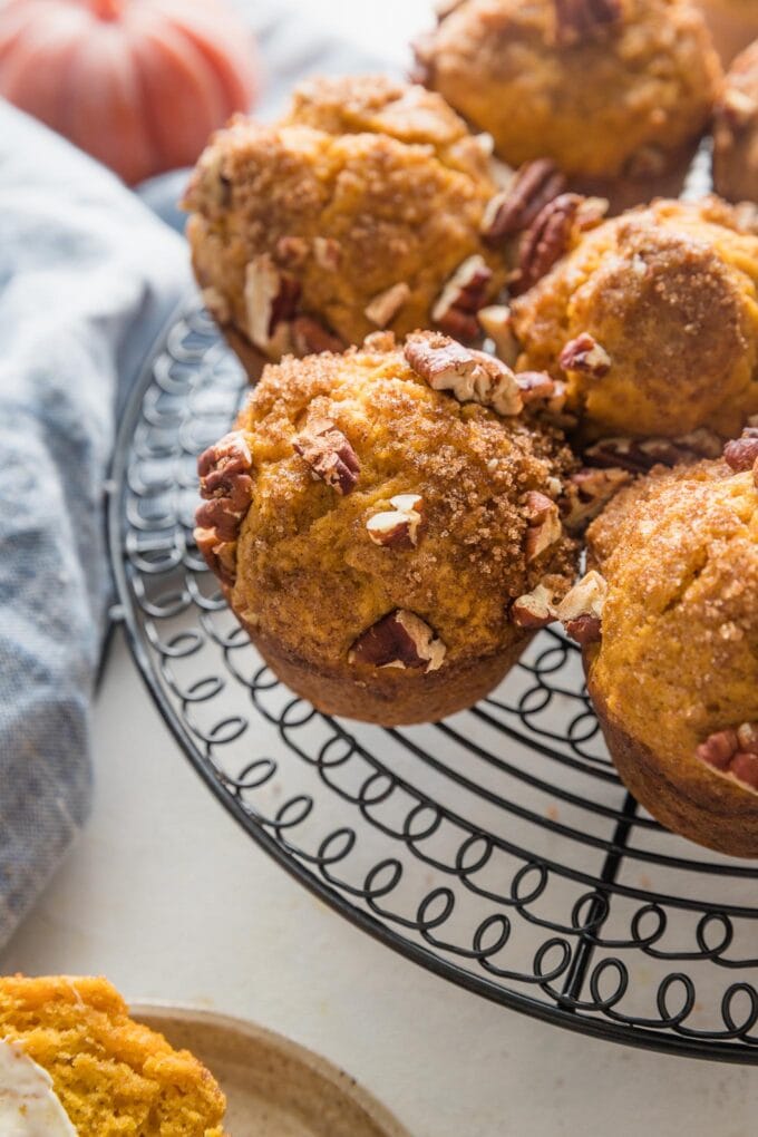 Close up of a pumpkin pecan crunch muffin cooling on a black wire rack.