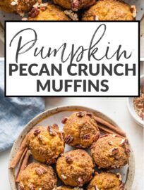 These pumpkin pecan crunch muffins are a delicious and classic fall treat! The tender, richly-spiced muffins pair perfectly with the crackly cinnamon sugar pecan topping. They're also quick and easy to whip up by hand, no fuss required.