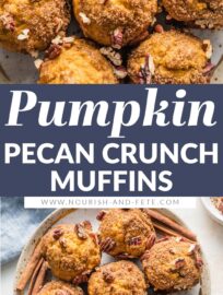 These pumpkin pecan crunch muffins are a delicious and classic fall treat! The tender, richly-spiced muffins pair perfectly with the crackly cinnamon sugar pecan topping. They're also quick and easy to whip up by hand, no fuss required.