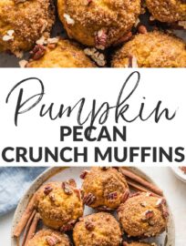 These pumpkin pecan crunch muffins are a delicious and classic fall treat! The tender, richly-spiced muffins pair perfectly with the crackly cinnamon sugar pecan topping. They're also quick and easy to whip up by hand, no fuss required.