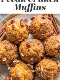 These pumpkin pecan crunch muffins are a delicious and classic fall treat! The tender, richly-spiced muffins pair perfectly with the crackly cinnamon sugar pecan topping. They're also quick and easy to whip up by hand, no fuss required.