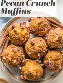 These pumpkin pecan crunch muffins are a delicious and classic fall treat! The tender, richly-spiced muffins pair perfectly with the crackly cinnamon sugar pecan topping. They're also quick and easy to whip up by hand, no fuss required.