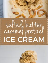 Salted caramel pretzel ice cream | Sweet, creamy, buttery homemade custard ice cream with rich caramel flavor. #icecream #saltedcaramel