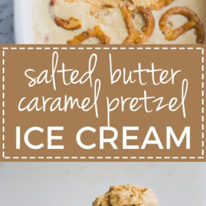Salted caramel pretzel ice cream | Sweet, creamy, buttery homemade custard ice cream with rich caramel flavor. #icecream #saltedcaramel