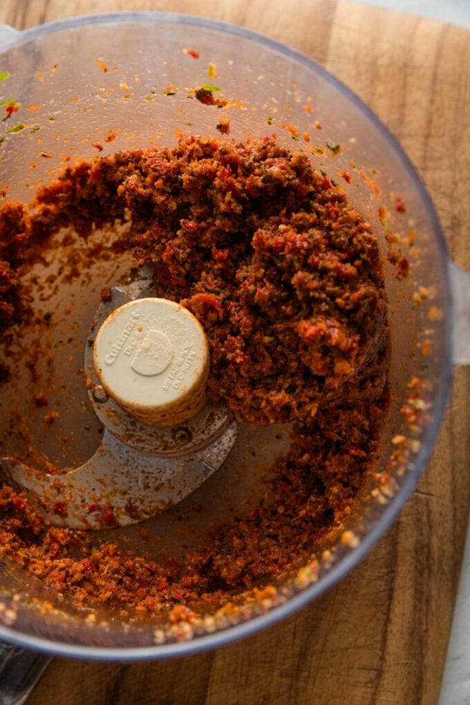 Red pesto blitzed to a thick consistency in a food processor.