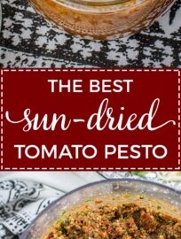 Homemade sun-dried tomato pesto | Quick and easy pesto recipe with tomatoes, basil, pine nuts, and parmesan. Just a spoonful adds instant flavor to sauces, soups, pizza, pasta, and more! #pesto #fromscratch