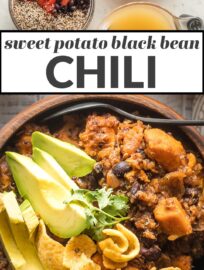 Full of flavor and so simple to make, this sweet potato black bean chili is a delightfully satisfying meatless meal. Vegetarian and vegan friendly! Tender sweet potatoes, hearty black beans, quinoa, and an easy seasoning blend make it so. Serve with avocado, cilantro, and cornbread -- or corn chips!