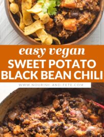 Full of flavor and so simple to make, this sweet potato black bean chili is a delightfully satisfying meatless meal. Vegetarian and vegan friendly! Tender sweet potatoes, hearty black beans, quinoa, and an easy seasoning blend make it so. Serve with avocado, cilantro, and cornbread -- or corn chips!