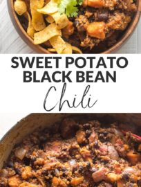 Full of flavor and so simple to make, this sweet potato black bean chili is a delightfully satisfying meatless meal. Vegetarian and vegan friendly! Tender sweet potatoes, hearty black beans, quinoa, and an easy seasoning blend make it so. Serve with avocado, cilantro, and cornbread -- or corn chips!