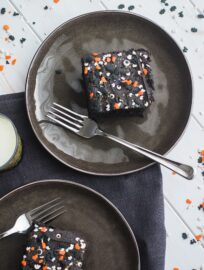 Two slices of spooky blackout chocolate buttermilk cake.