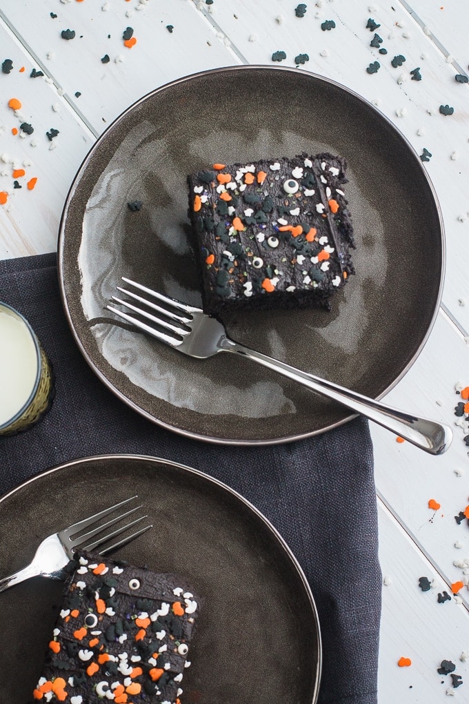 Two slices of spooky blackout chocolate buttermilk cake.